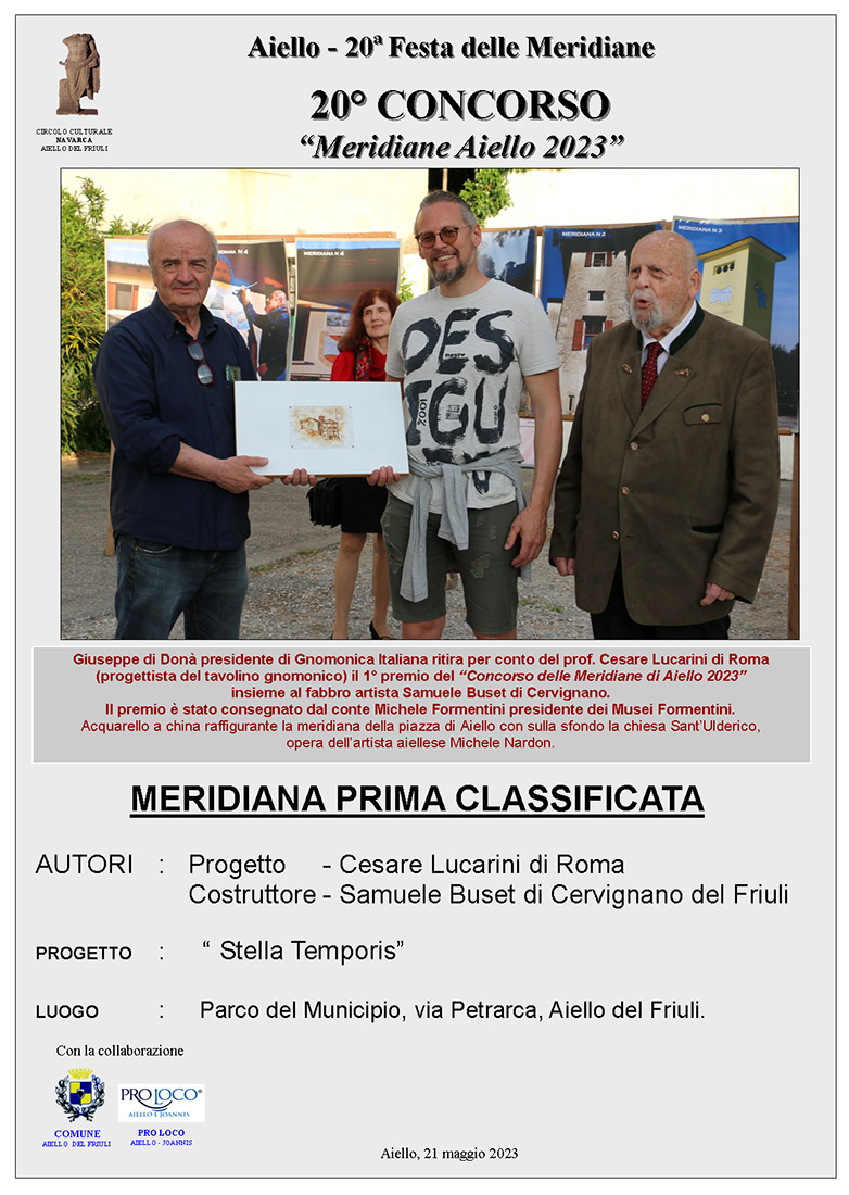 Prima meridiana classificata al concorso "Meridiane Aiello 2023": la meridiane del parco del municipio di Aiello realizzata da Cesare Lucarini e Samuele Buset
