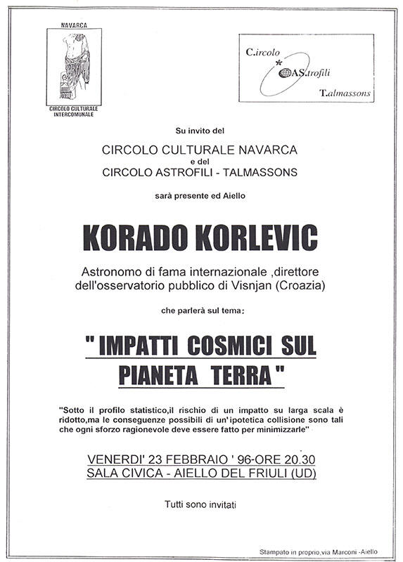 Iniziativa del 23 febbraio 2001: Serata di astronomia "Impatti cosmici sul pianeta Terra" con Korado Korlevic