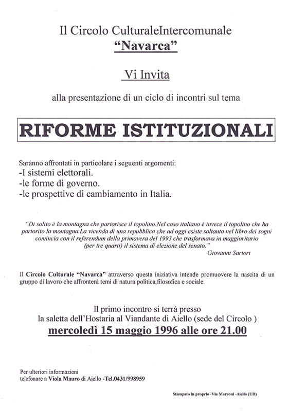 Iniziativa del 15 maggio 1996: Ciclo di incontri sul tema delle Riforme Istituzionali