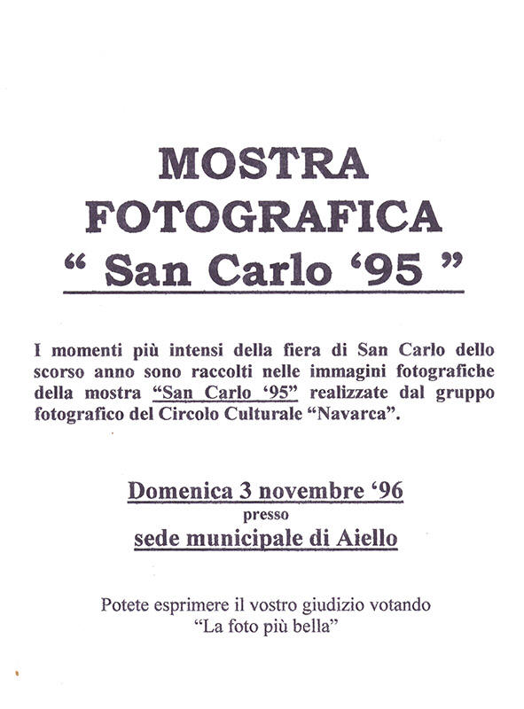 Iniziativa del 3 novembre 1996: Mostra fotografica "San Carlo 1995" nel contesto della Fiera di San Carlo 1996
