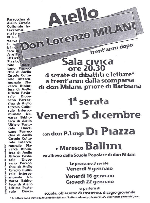 Iniziativa del 5 dicembre 1997: Serata a ricordo di don Lorenzo Milani