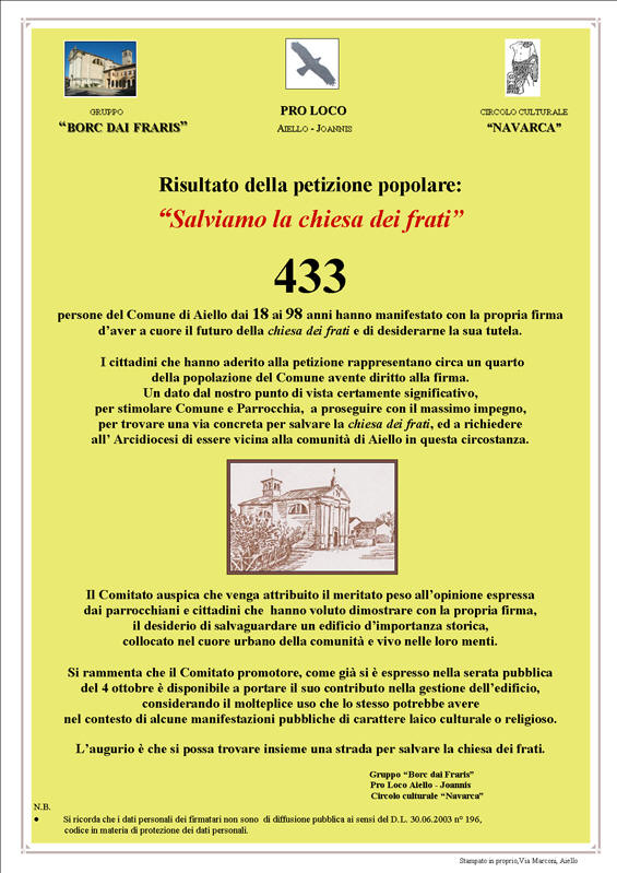 Iniziativa del 4 ottobre 2005: Risultati petizione: Salviamo la Chiesa dei Frati di Aiello