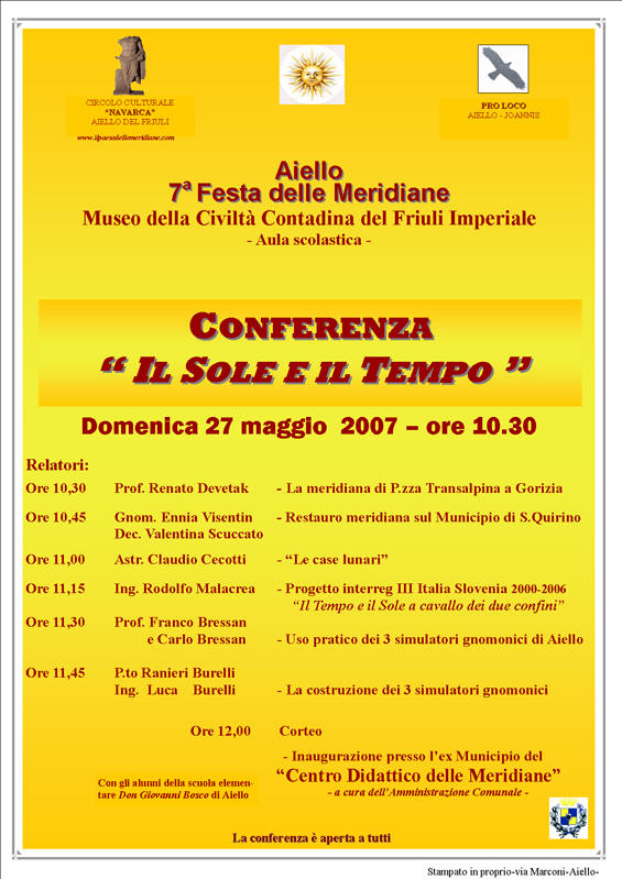 Iniziativa del 27 maggio 2007: Conferenza dal titolo: Il sole e il tempo
