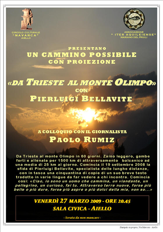 Iniziativa del 27 marzo 2009: Proiezione del video "Da Trieste al monte Olimpo" con Pierluigi Bellavite