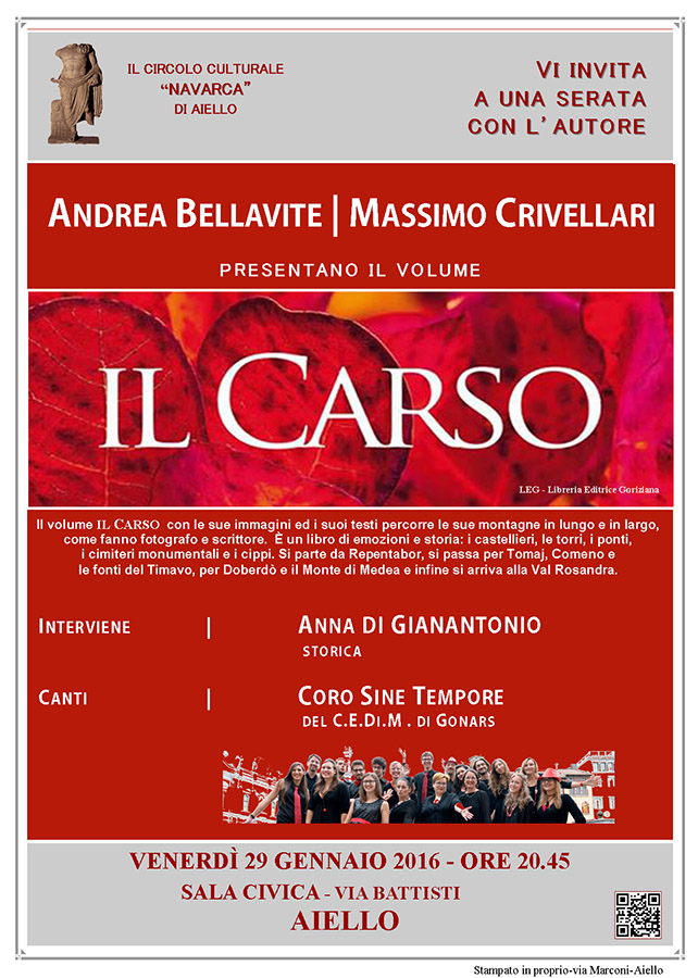 Iniziativa del 29 gennaio 2016: presentazione del libro "Il Carso" di Andrea Bellavite e Massimo Crivellari