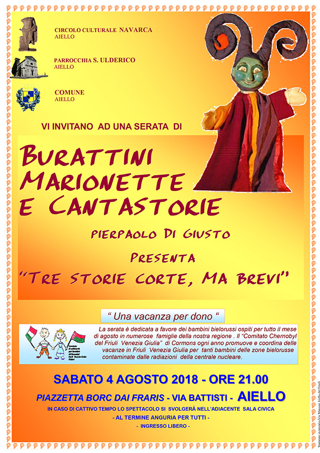 Iniziativa del 4 agosto 2018: spettacolo di burattini, marionette e cantastorie con Pierpaolo Di Giusto