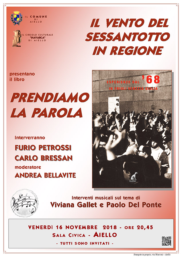 Iniziativa del 16 novembre 2018: presentazione del libro "Prendiamo la parola" con Carlo Bressan, Furio Petrossi e Andrea Bellavite