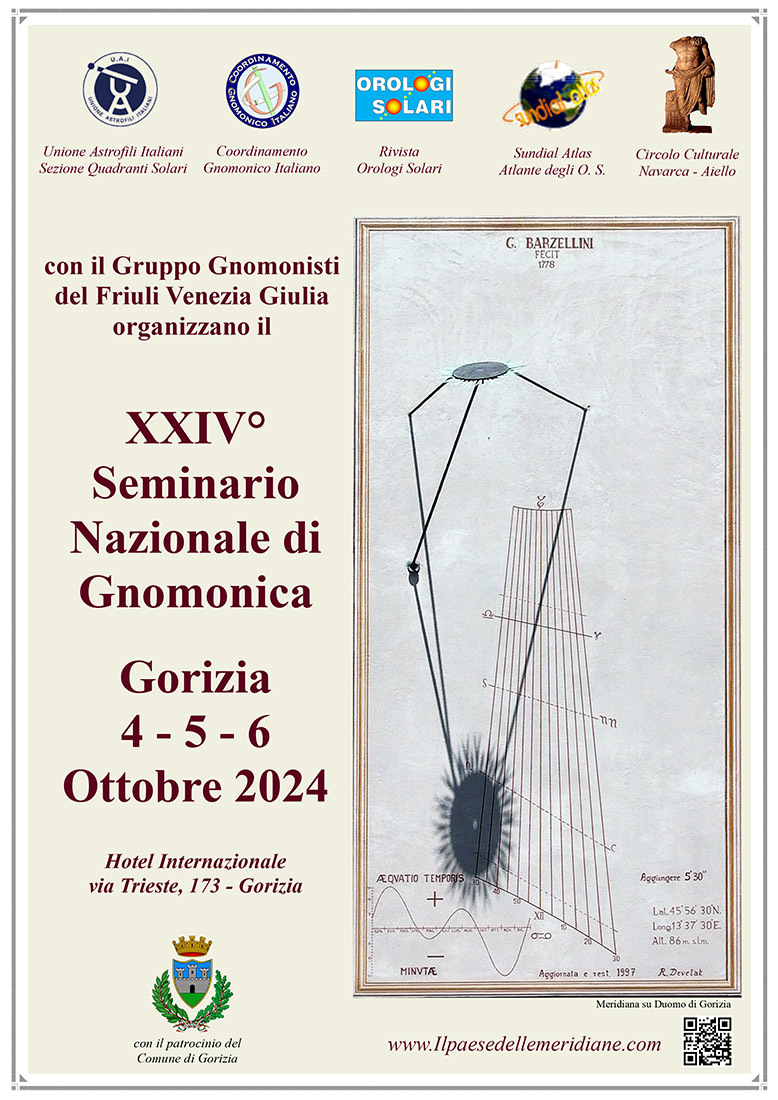 Iniziativa dal 4 al 6 ottobre 2024: 24esimo seminario nazionale di gnomonica ordanizzato dall'Unione Astrofili Italiani, Coordinamento Gnomonica Italiano, Rivista Orologi Solari, Sundial Atlas e dal Circolo Navarca di Aiello